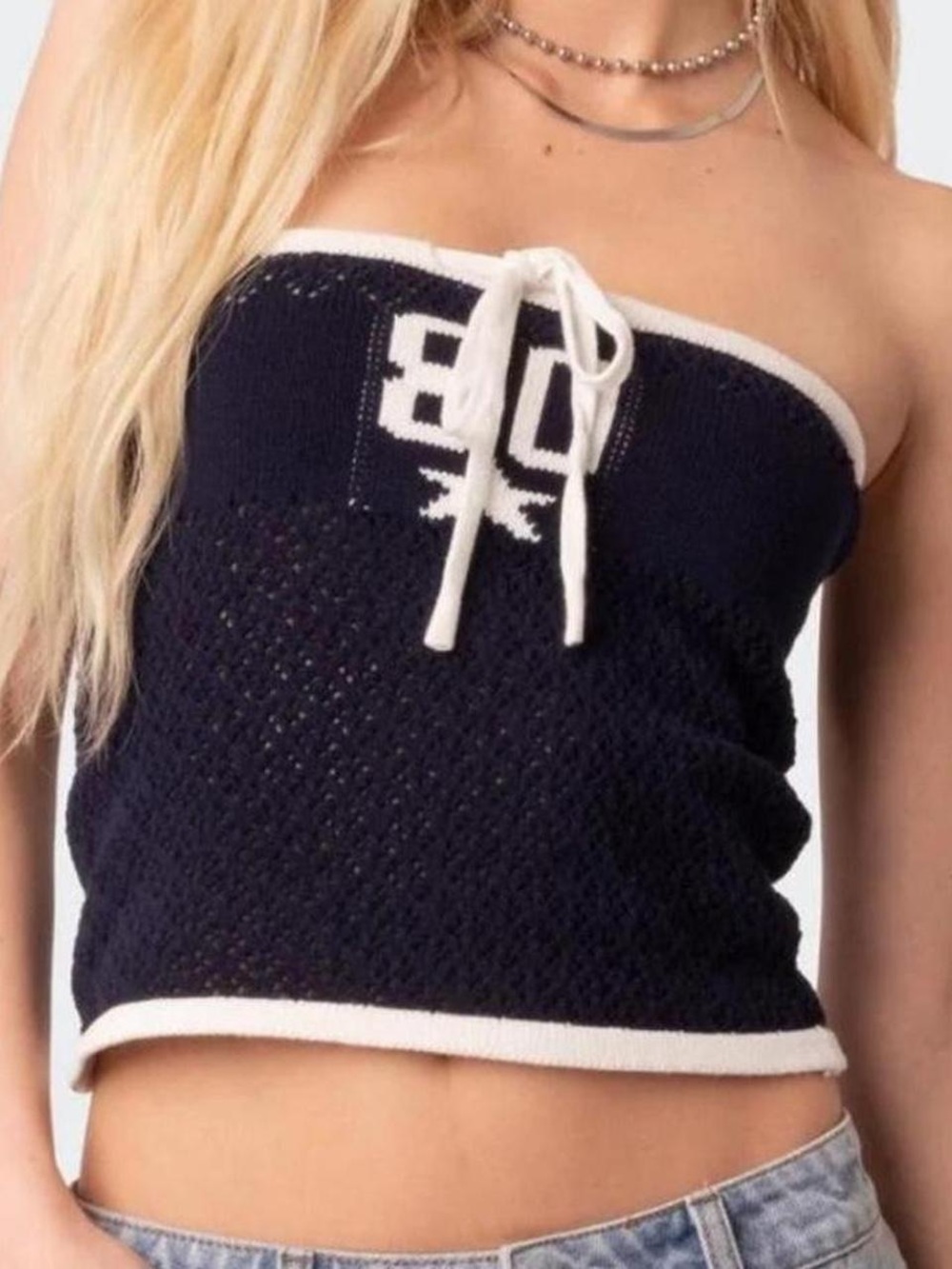 Knitted Navy Tube Top w/ white trim